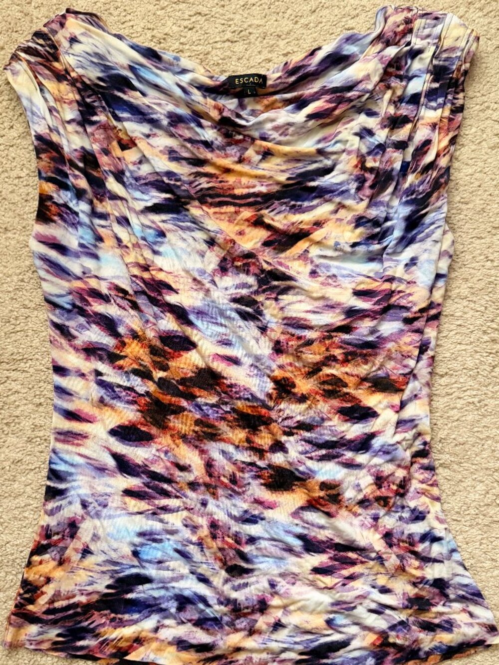 ESCADA Vintage Abstract Print Draped Cowl Neck Sleeveless Top Large